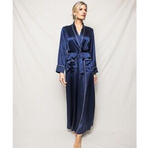 PETITE PLUME 100% Silk Long Robe in Navy Blue Classic Size Medium